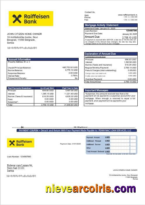 Serbia Raiffeisen bank mortgage statement